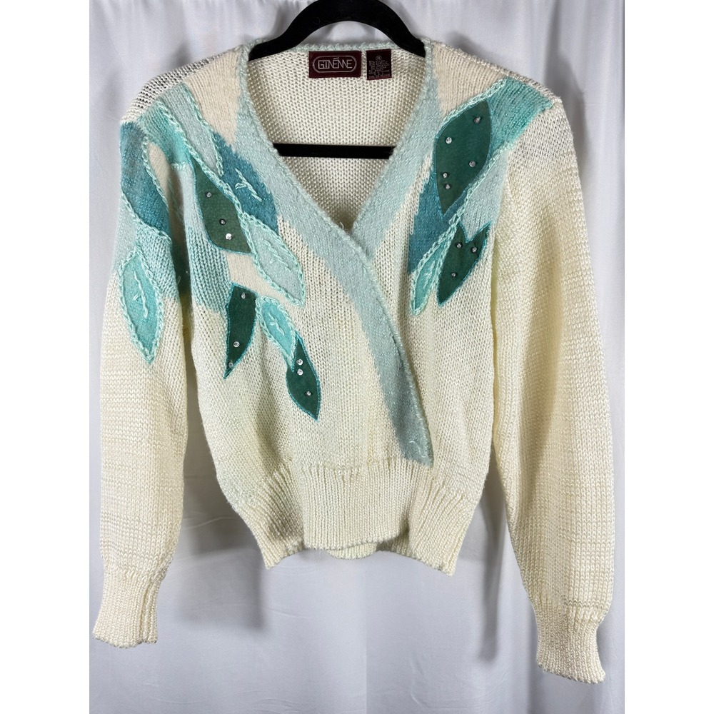 GINENNE Vintage‎ Embellished Leaf Pattern V Neck Wrap Style Knit Sweater